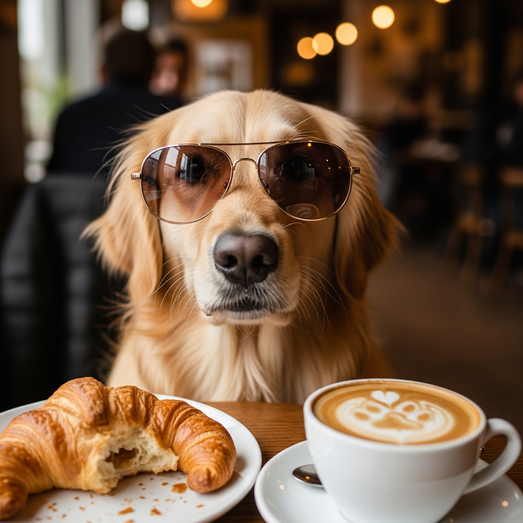 Cool Golden Retriever with Sunglasses at a Cozy Cafe