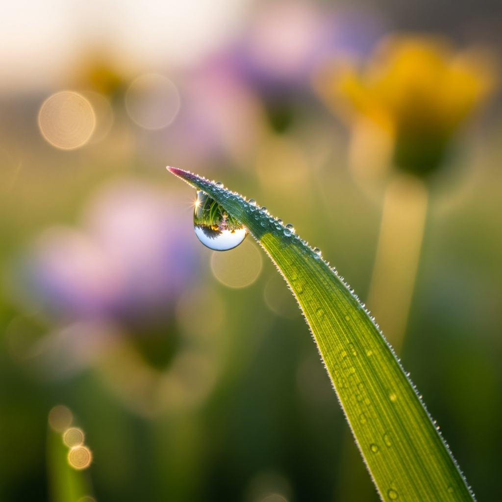 Radiant Morning Dewdrop Refraction on Grass Blade