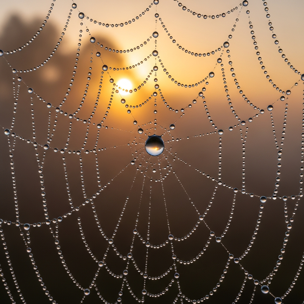 Golden Sunrise Dew Drops on Spider Web