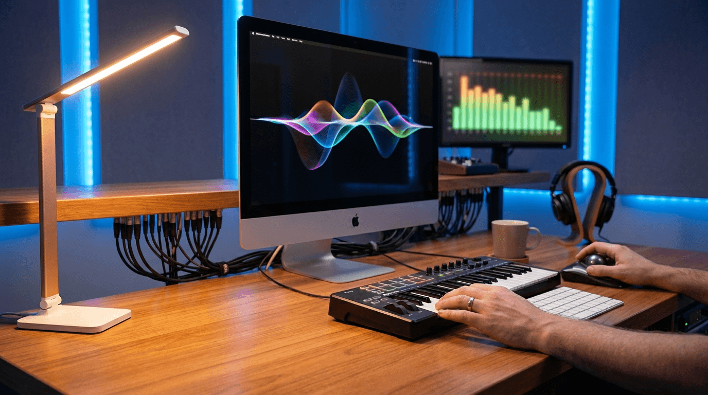 Desktop studio setup with iMac displaying colorful audio waveforms, MIDI keyboard, headphones, and blue LED ambient lighting