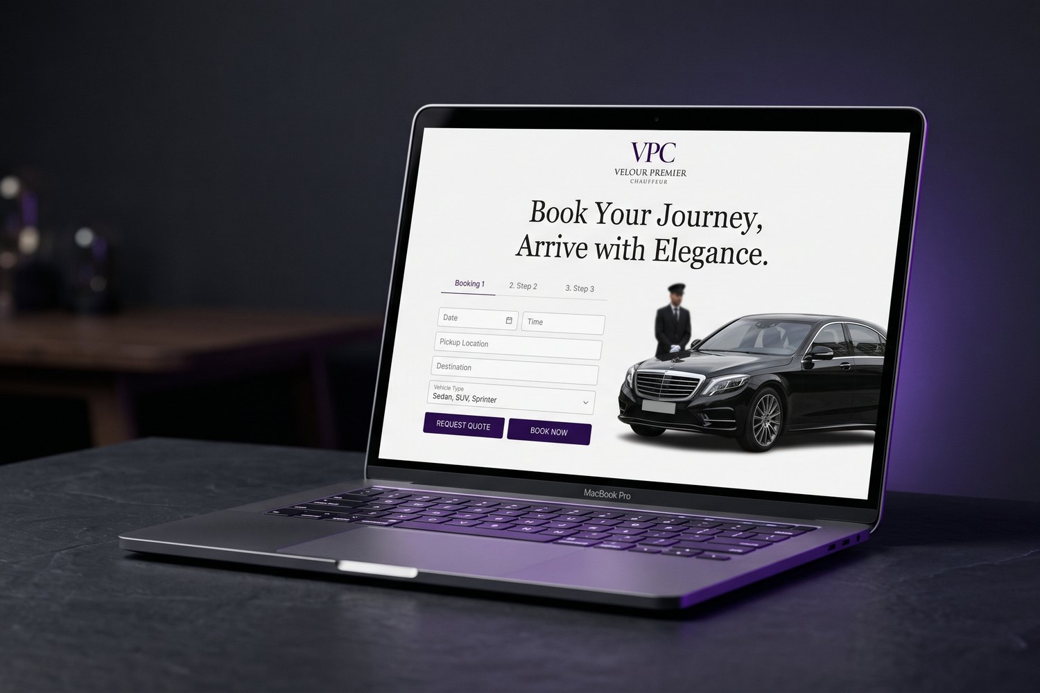 The luxury chauffeur website we built and still run, open on a laptop