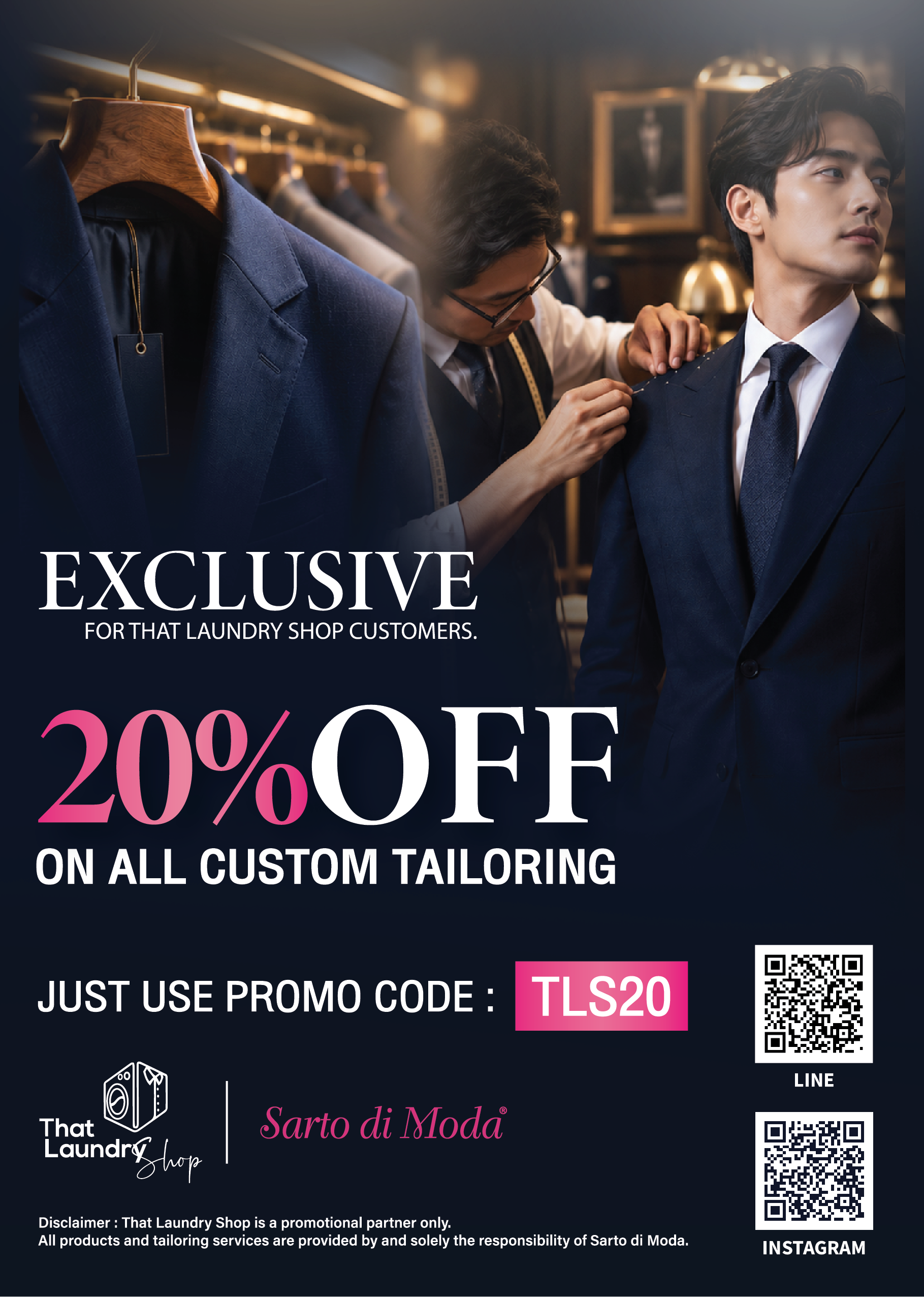 Enjoy 20% OFF all Custom Tailoring at Sarto di Moda, exclusively for That Laundry Shop customers.