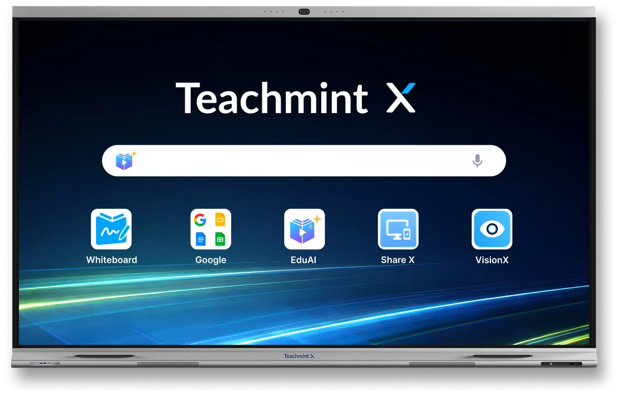 A Teachmint X panel showing the home screen with a search bar and the Whiteboard, Google, EduAI, Share X and VisionX apps