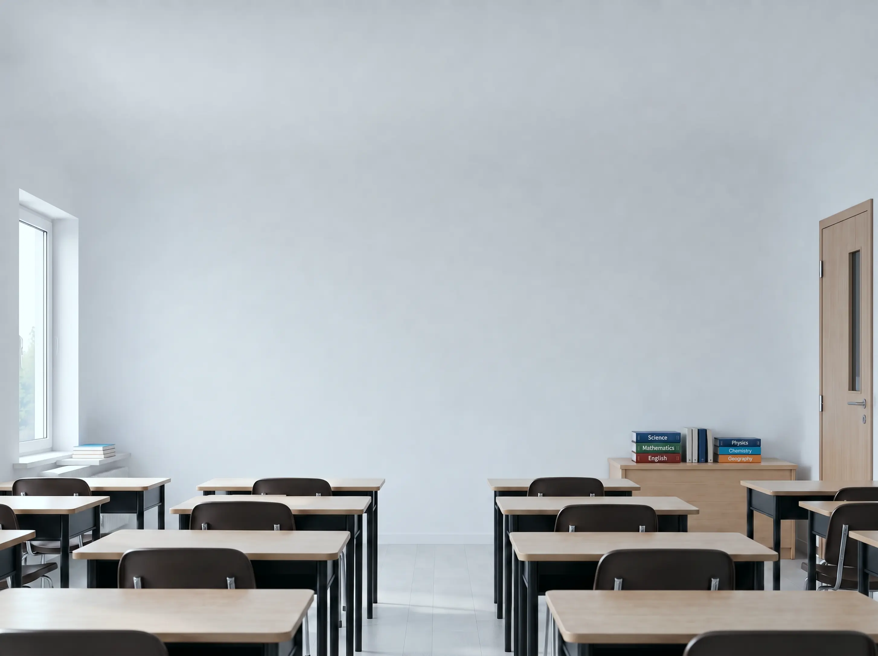 An empty classroom with rows of desks, a window, and a cabinet of subject textbooks beside the door