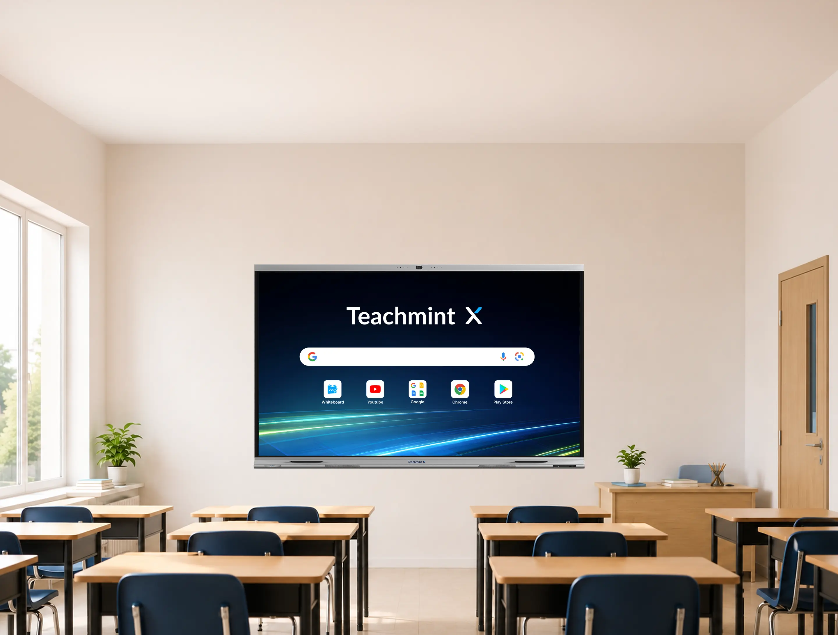 A classroom with a Teachmint X interactive panel mounted on the wall, showing the home screen with a Google search bar and Whiteboard, YouTube, Google, Chrome and Play Store apps