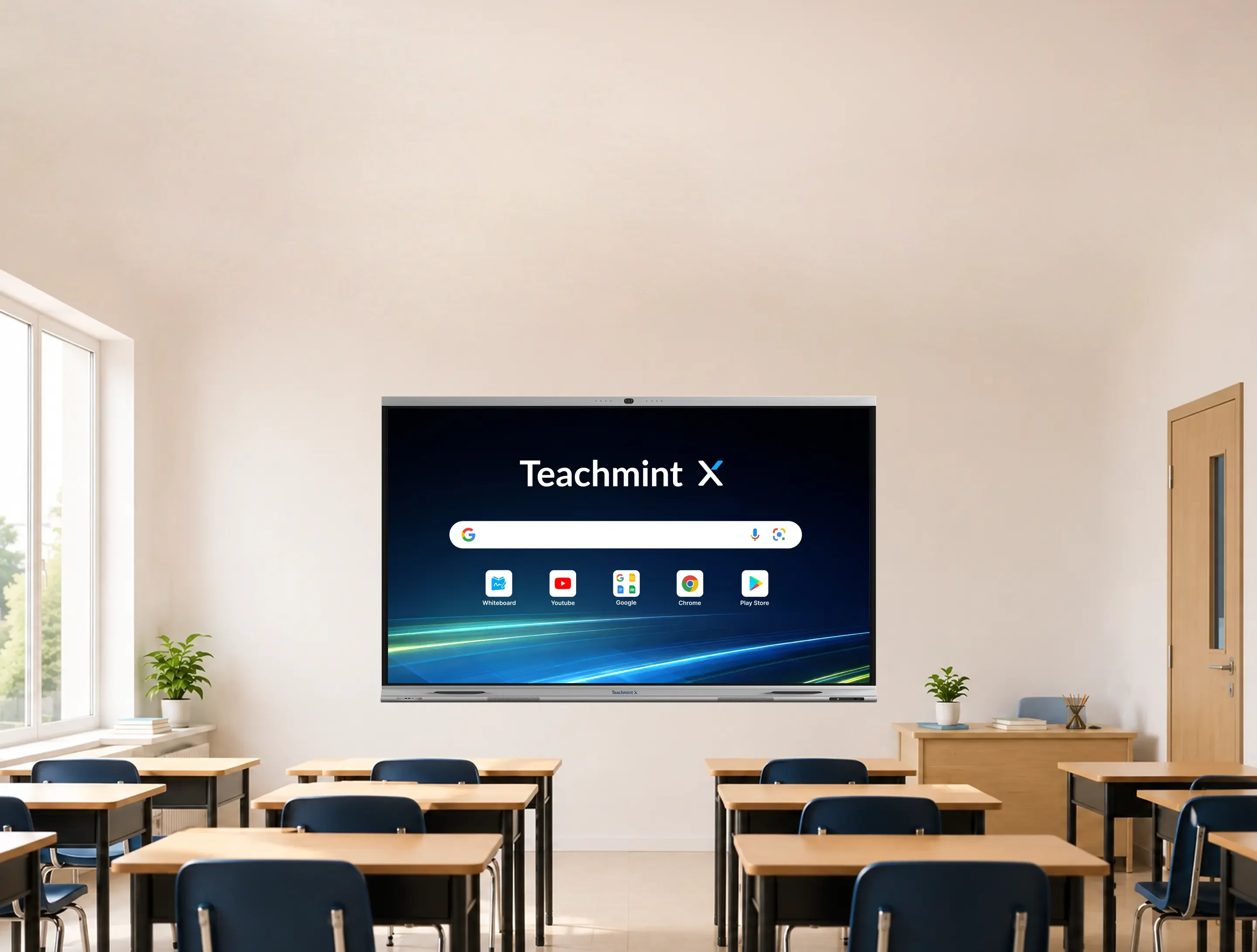 A classroom with a Teachmint X interactive panel mounted on the wall, showing the home screen with a Google search bar and Whiteboard, YouTube, Google, Chrome and Play Store apps