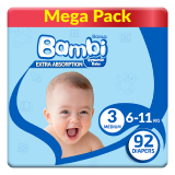 Buy Bambi Diapers | Mega Pack | Size 3 | Weight 6 - 11 Kg - 92 Diapers in Saudi Arabia