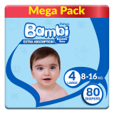 Buy Bambi Diapers | Mega Pack | Size 4 | Weight 8 - 16 Kg - 80 Diapers in Saudi Arabia