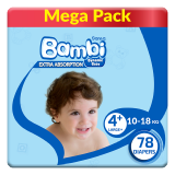 Buy Bambi Diapers | Mega Pack | Size +4 | Weight 10-18 Kg - 78 Diapers in Saudi Arabia