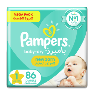 Buy Pampers Diapers Baby Dry | Mega Pack | Size 1 | Weight 2 - 5 Kg - 86 Diapers in Saudi Arabia