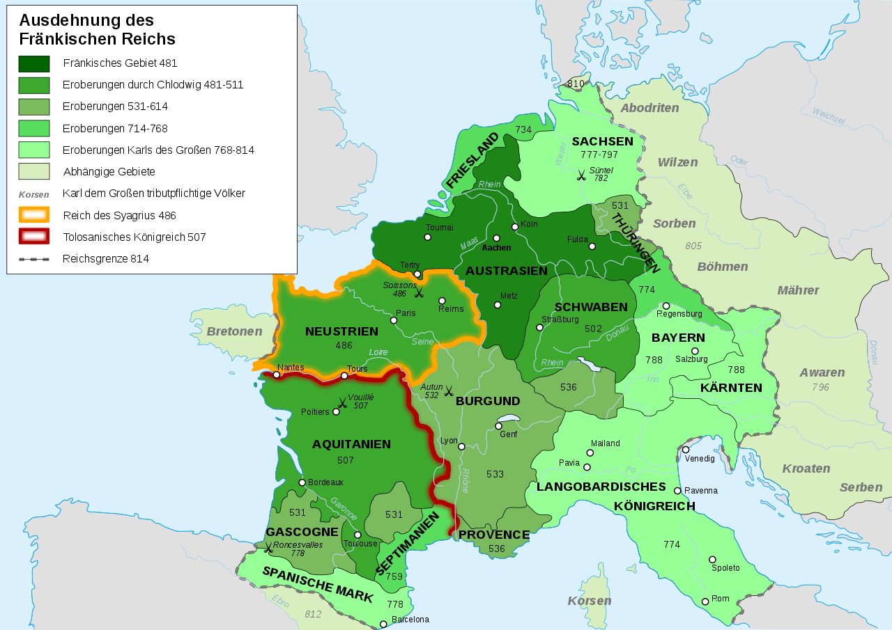 Die Ausdehnung des Frankenreichs 481 bis 814