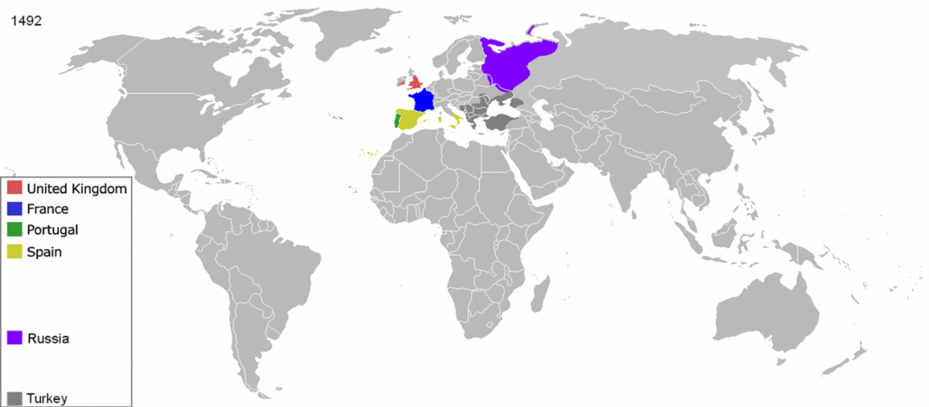 Karte mit den von den europäischen Mächten, den Vereinigten Staaten und Japan kolonisierten Gebieten.Dargestellte Jahre: 1492, 1550, 1600, 1660, 1754, 1822, 1885, 1914, 1938, 1959, 1974, 2007