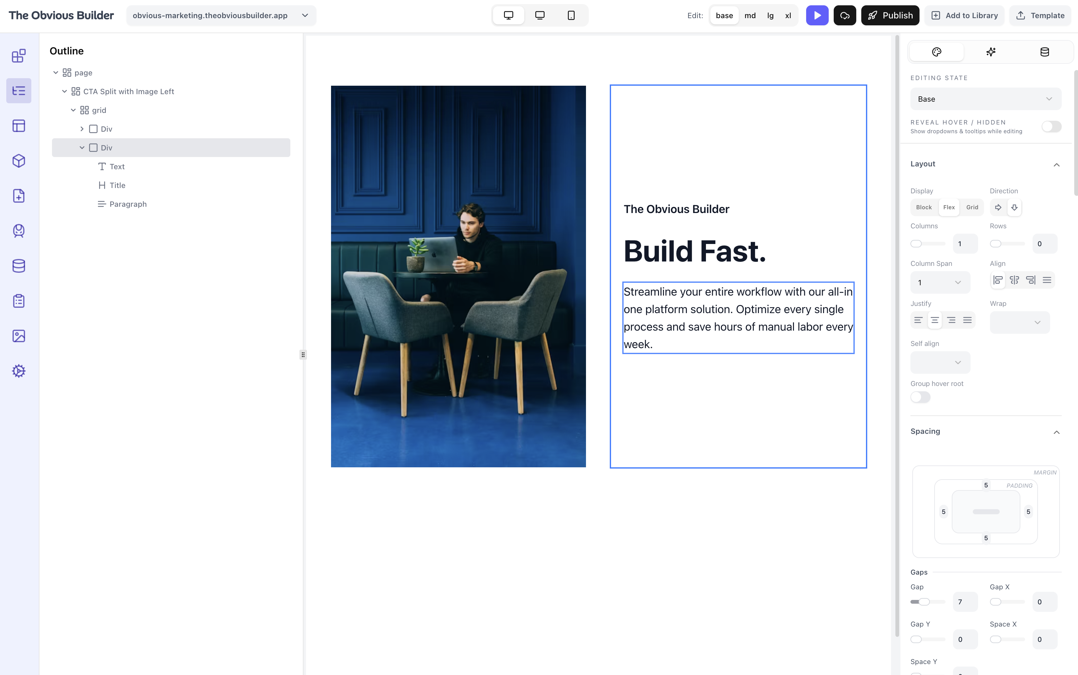 Design and styling workflow inside Obvious Builder