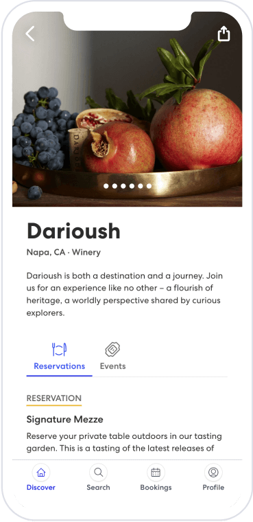 A mobile device screen showing the Darioush business page on the Tock platform.