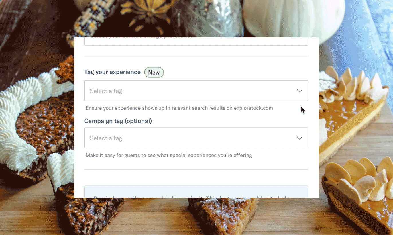 Animation of how to create an experience and campaign tag with Tock's dashboard tools with The Gage, Chicago as a background of assorted pastries
