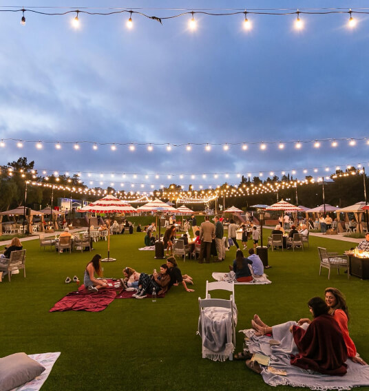 Cover Image for Open lawn area with string lights and people sitting on blankets and benches at the Fairmont Grand Del Mar