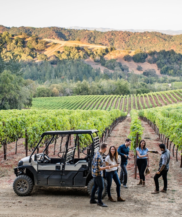 A group of people talking casually around a four wheel vehicle at a vineyard.