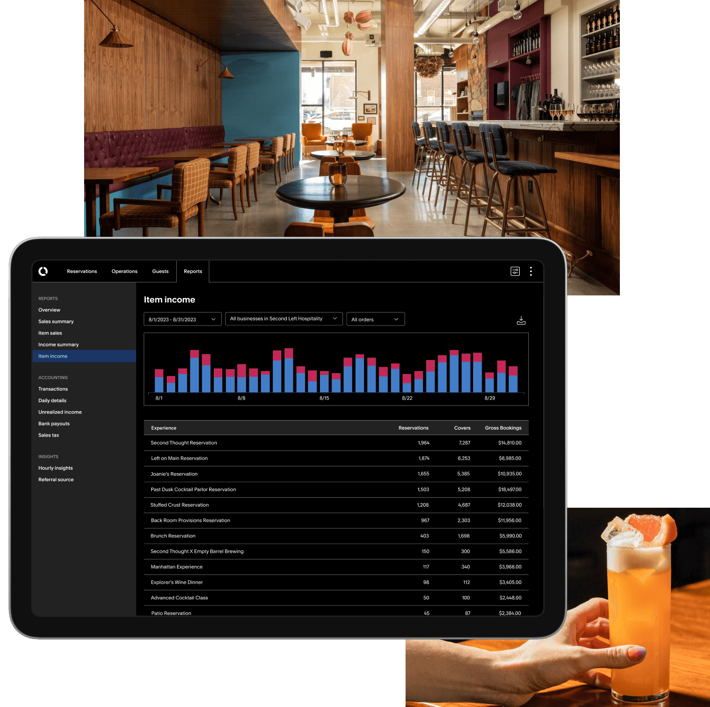 A tablet view of Tock reporting information. Layered below is an image of a bar with multiple hightop brown chairs. To the lower right is an image of a hand sliding an orange drink across a table.