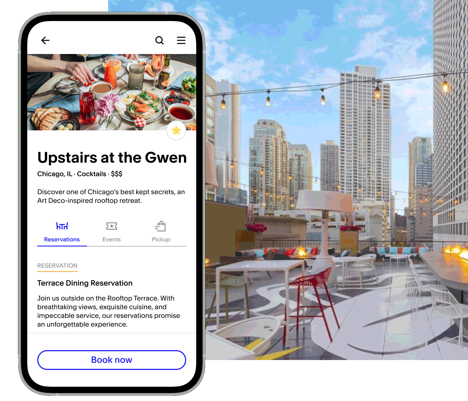 A mobile view of Upstairs at the Gwen’s business page on Tock cycling between reservation, event, and pickup offerings. Layered below this is a rooftop patio with a skyline in the distance.