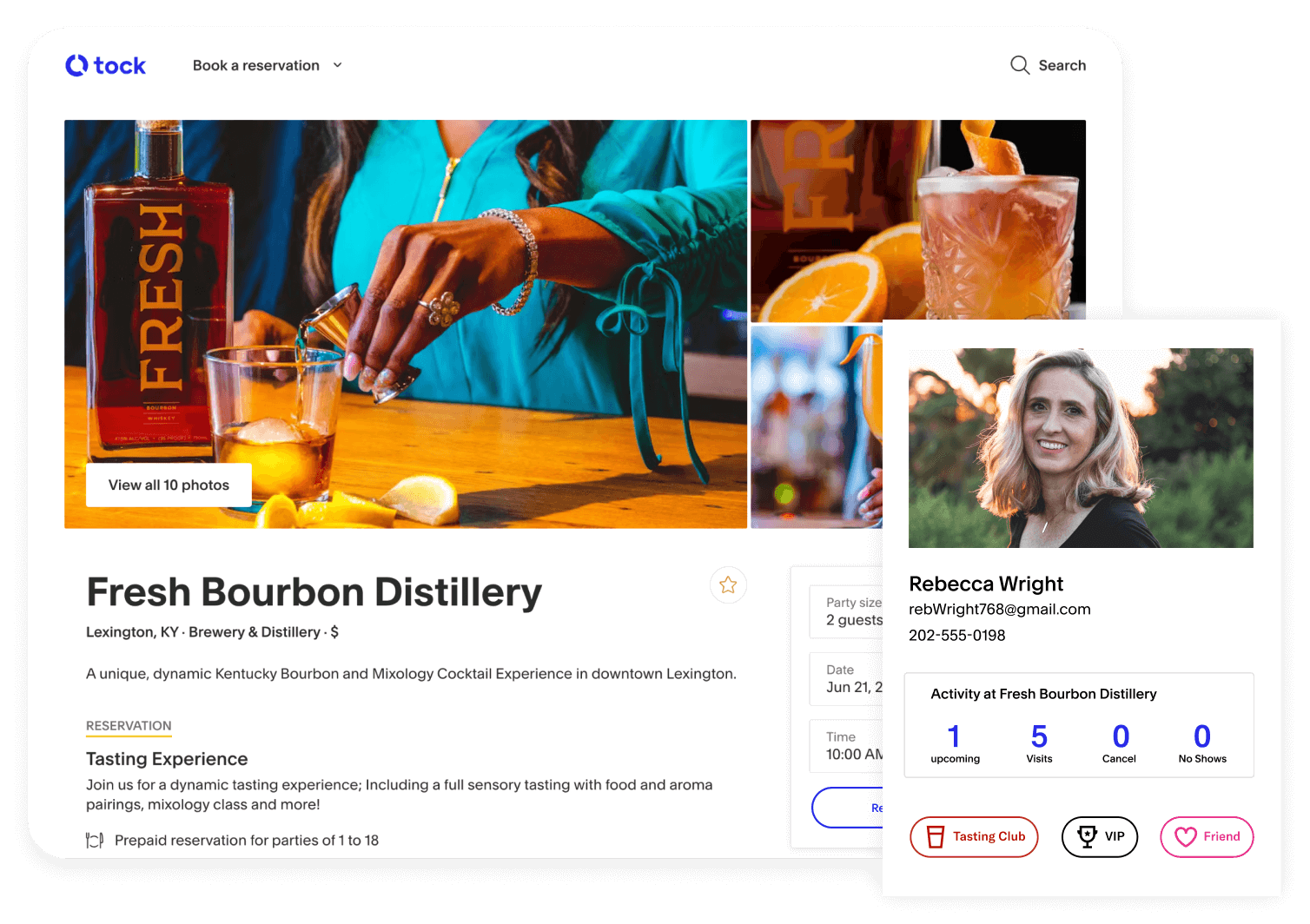 Fresh Bourbon Distillery’s business page on Tock layered below an example of a diner profile.