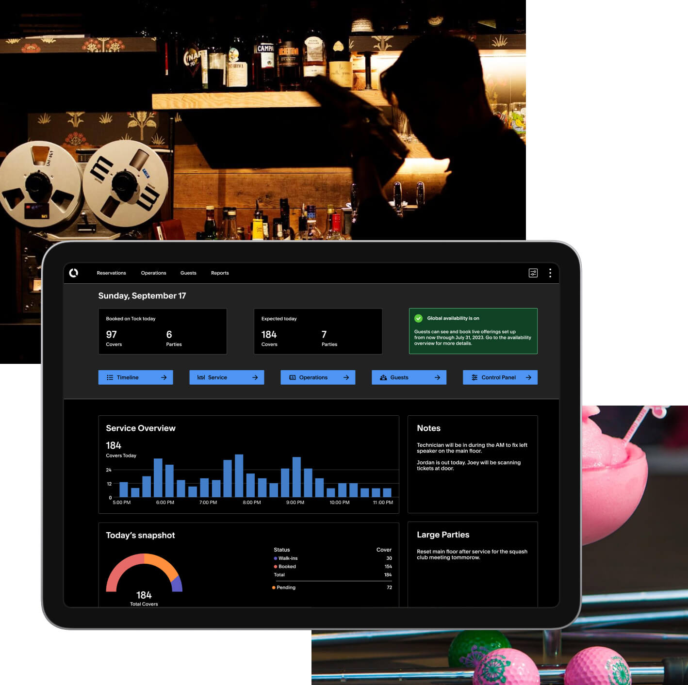 A tablet view of Tock’s dashboard. Layered below this is an image of someone shaking a cocktail. To the lower right is an image of a pink slushy cocktail and golfballs.