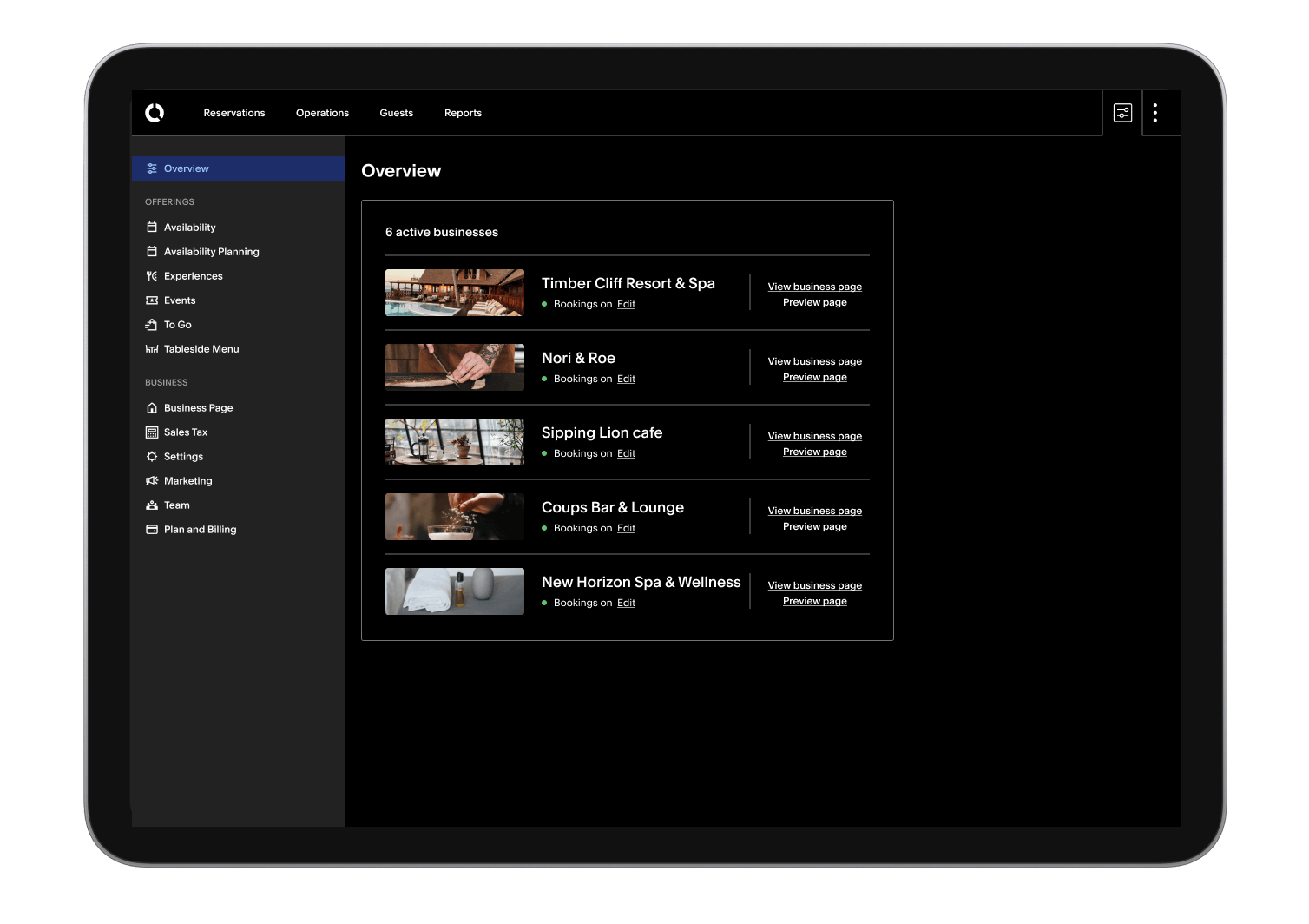 A tablet view of multiple businesses in Tock’s dashboard.