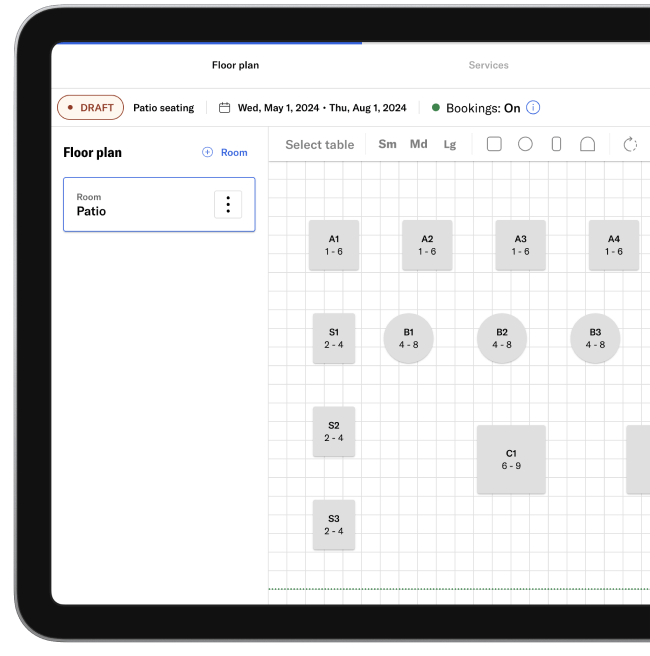 A tablet view showing how a restaurant can set up new floor-plans on Tock. There is a drafted floor-plan on a gridded white background with multiple rows of square and round tables.