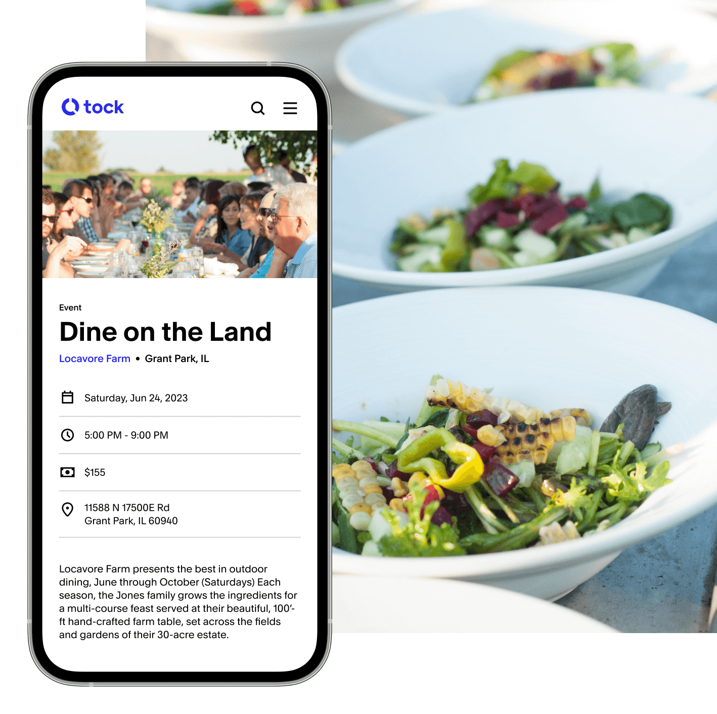 A mobile view of an event called “Dine on the Land” hosted by Locavore farm on Tock sits on top of an image of rows of green salads being prepared in white bowls.
