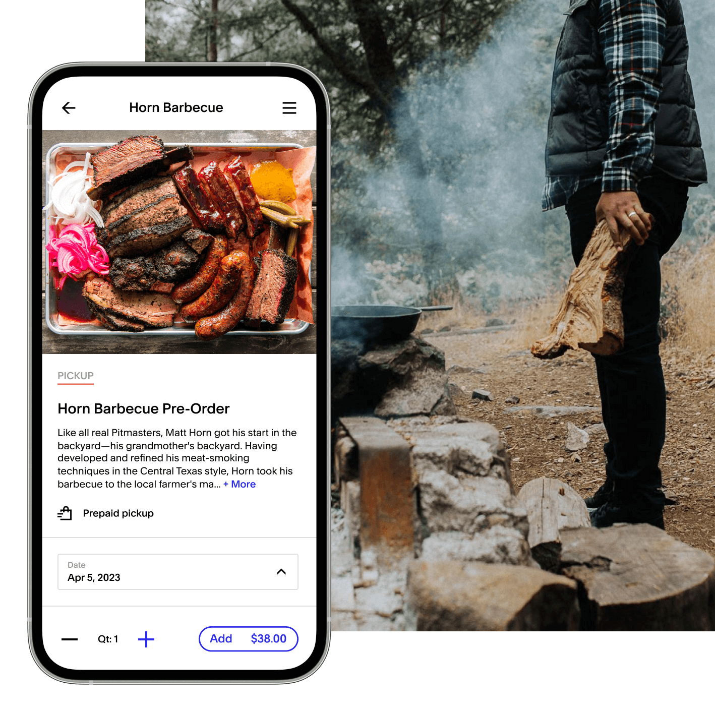 A mobile view of barbecue pre-order offered on Tock by Horn Barbecue paired with an image of a platter filled with barbecued brisket, ribs, and sausage. Layered below and to the right is an image of a man adding logs to a cooking fire in front of the woods.
