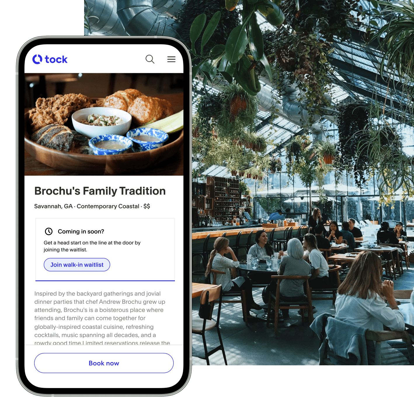 A mobile view showing the business page of “Brochu’s Family Tradition” on Tock. There is an image at the top of the page with a platter filled with stuffing, bread, biscuits, sauces in blue and white speckled cups, and a pickle. Prominently displayed on the page is a box that reads “Coming in soon? Get a head start on the line at the door by joining the waitlist.” to the right of “Coming in soon?” is an icon of a clock and at the bottom of the box is a button that says “Join walk-in waitlist”. Layered below this is an image of people sitting at tables at a busy restaurant.