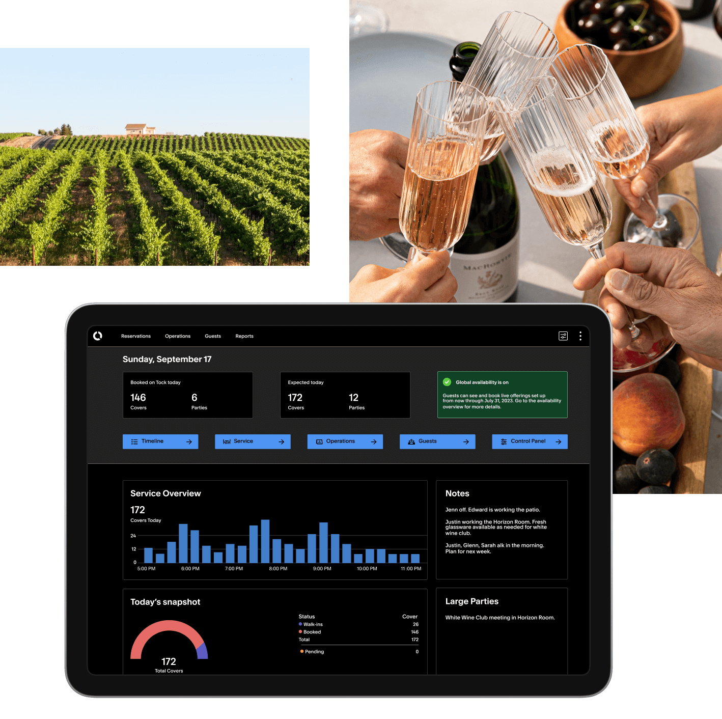 An image of a field with sprawling rows of grape vines that lead to a lone house in the distance framed by a blue sky sit in the upper left of a collage of images. To the right there is an image cropped in on four hands clinking glasses of sparkling wine. Layered on top of this image is a tablet view of Tock’s dashboard screen with a bar graph, pie chart and notes.
