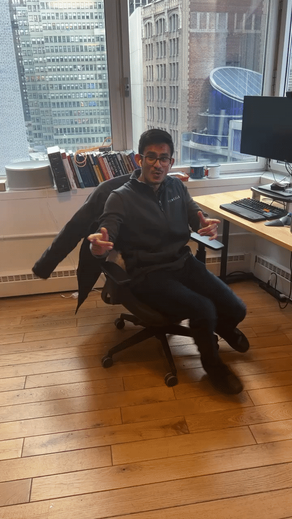 Karan spinning a chair