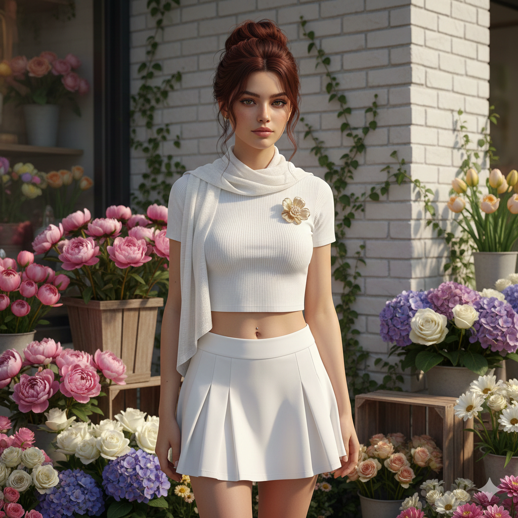 Ultra-realistic fashion portrait of a beautiful young woman standing outside a white brick flower shop. - AI Generated Image