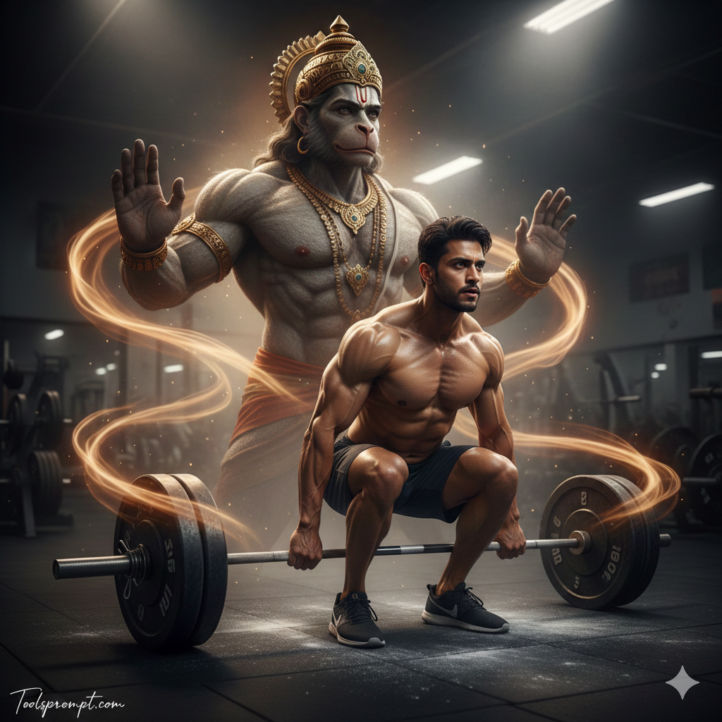 Weight Lifting With Hanumanji Power Ai Photo Editing Prompt - AI Generated Image