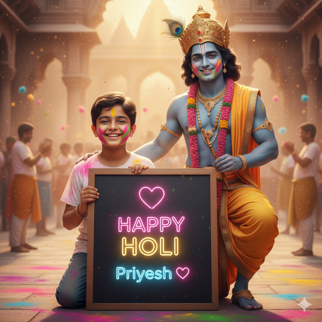 Happy Holi Text With Krishna Ji Ai Photo Editing Prompt - AI Generated Image