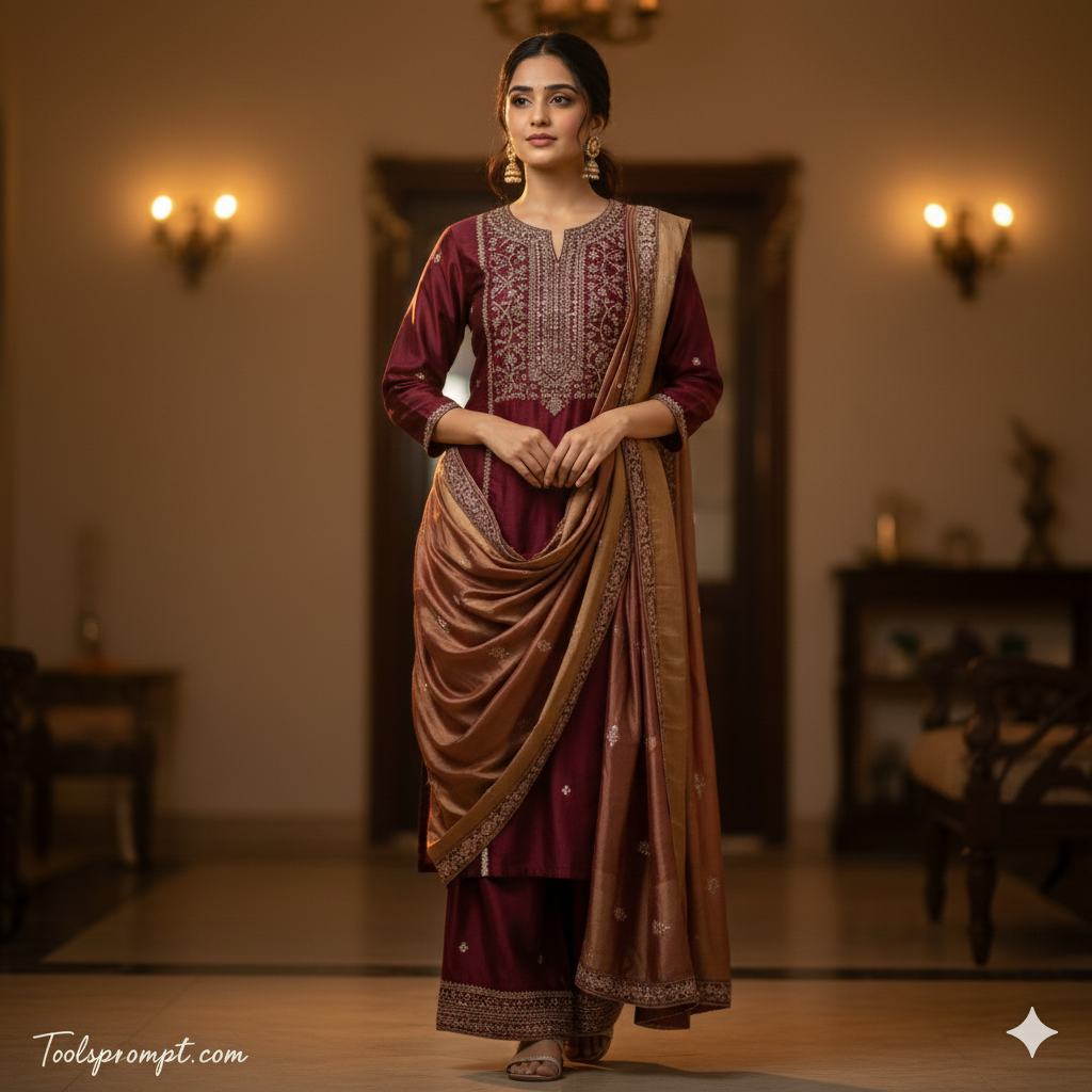 Fashionable Kurti Ai Photo Editing Prompt Elegant Silk Kurti with Traditional Embroidery - AI Generated Image