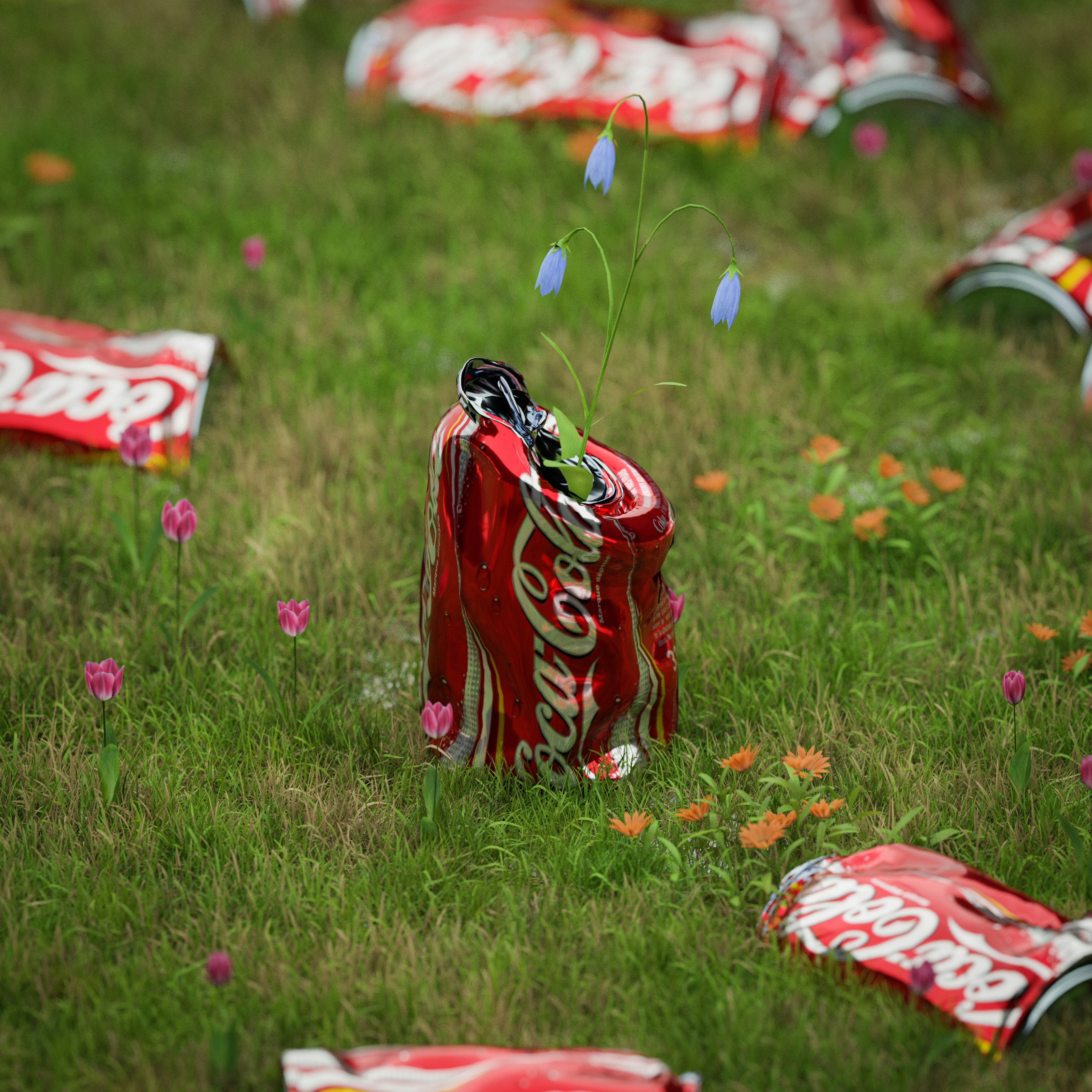 Crushed can of coke with a plant
