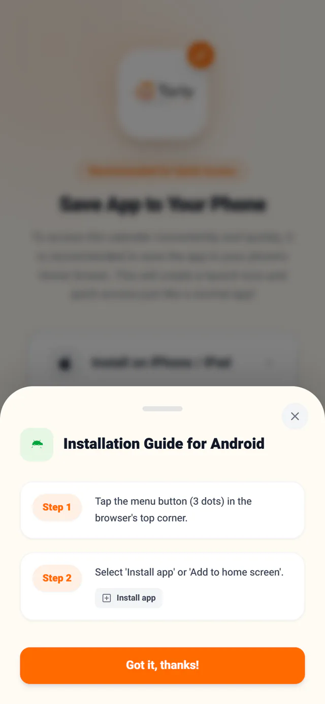 The Android install steps, in a window that opens over the screen