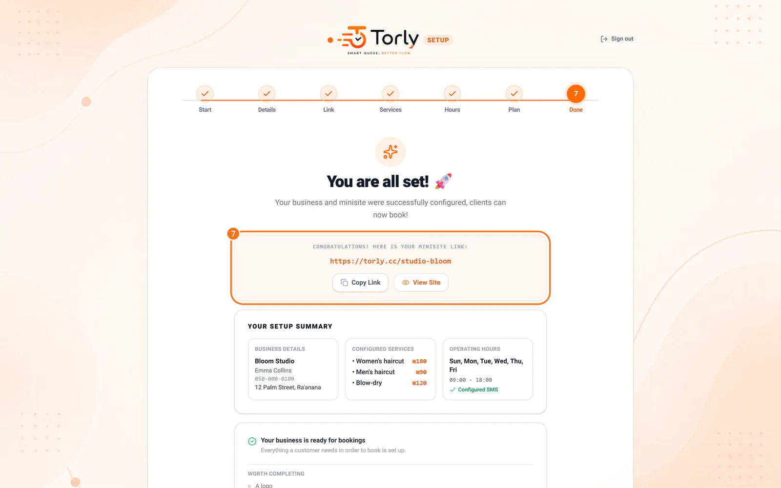 The end of the wizard: the link to the booking site