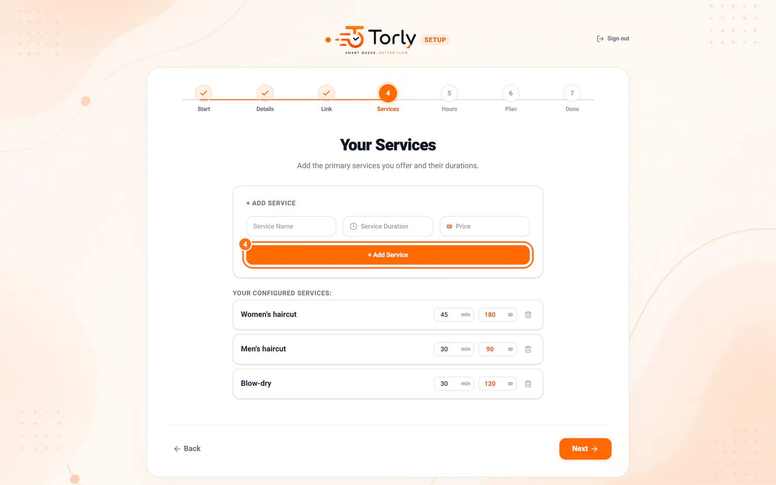 The services step, with three services in the list