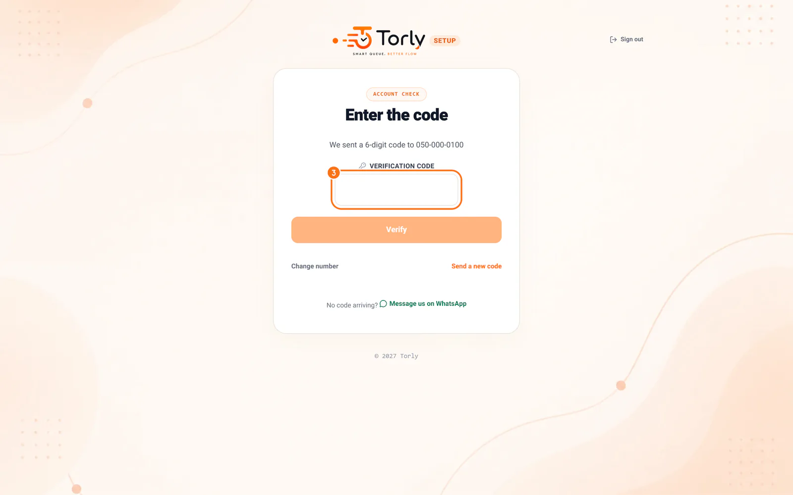 The screen asking for the code, with the code field