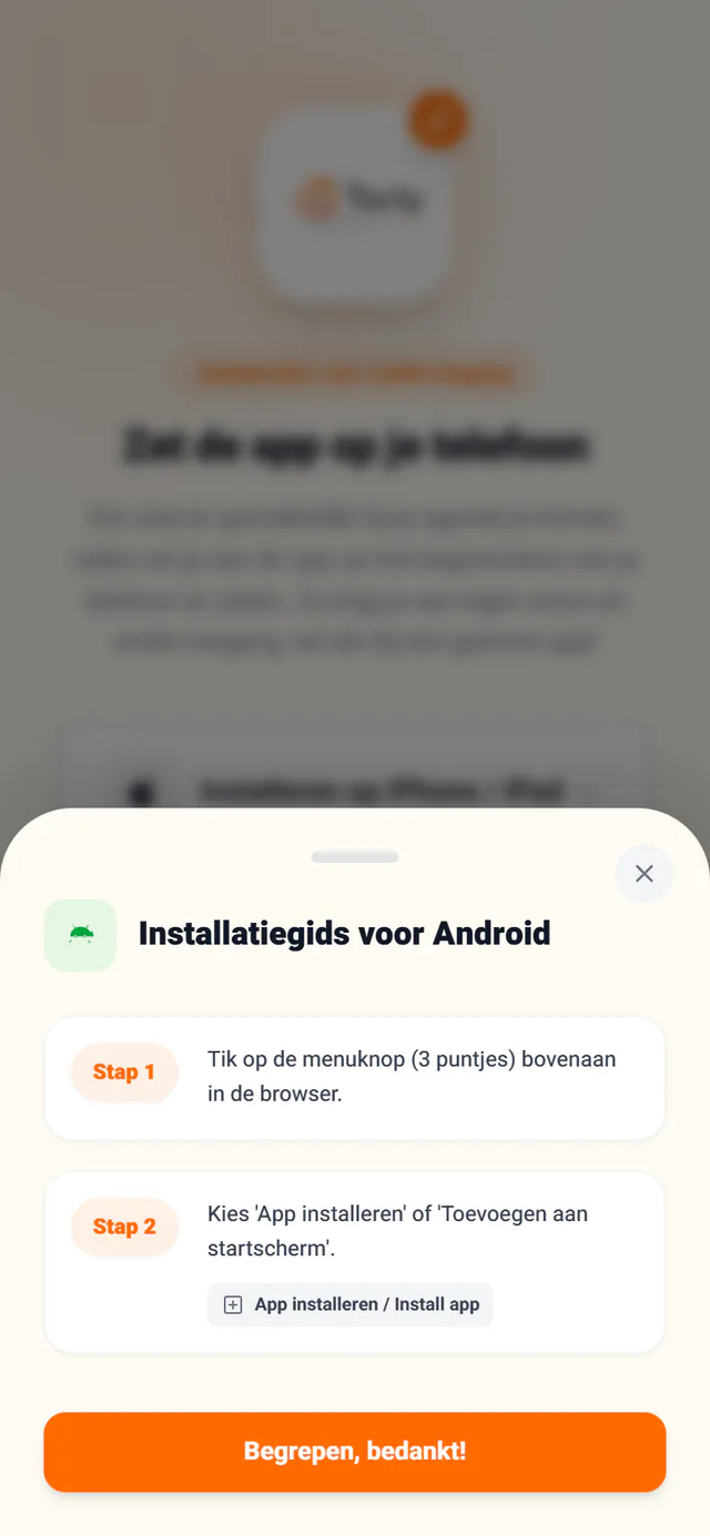 De installatiestappen voor Android, in een venster dat over het scherm opent