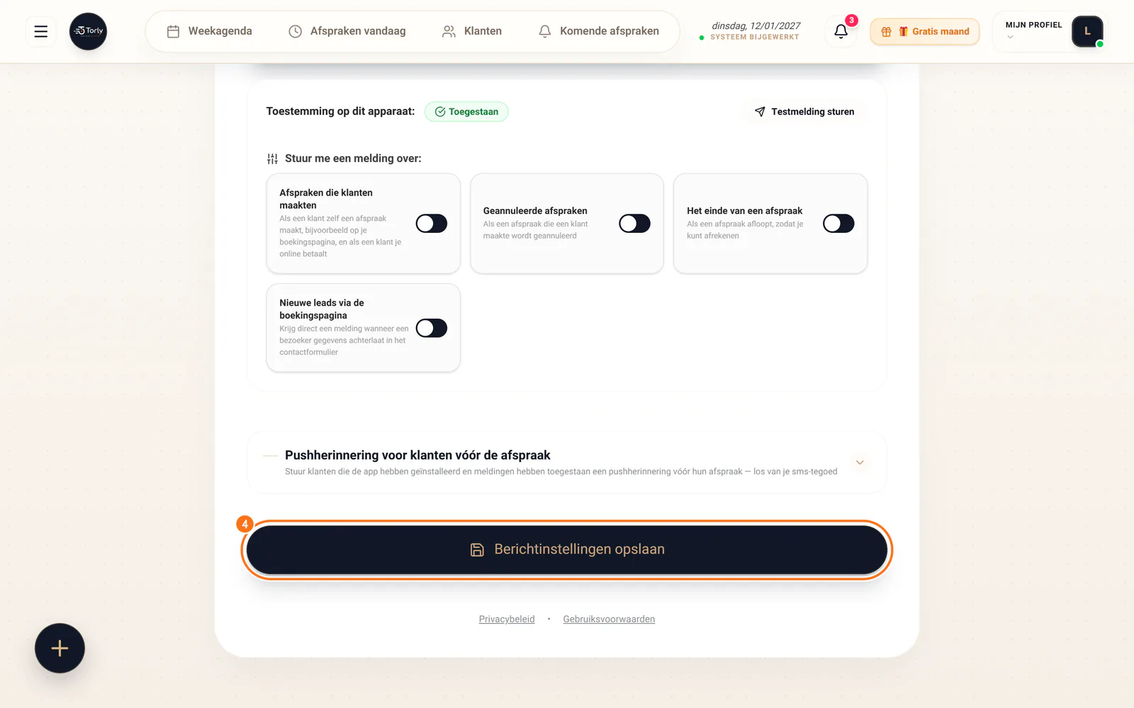 De knop ‘Berichtinstellingen opslaan’ onderaan het tabblad