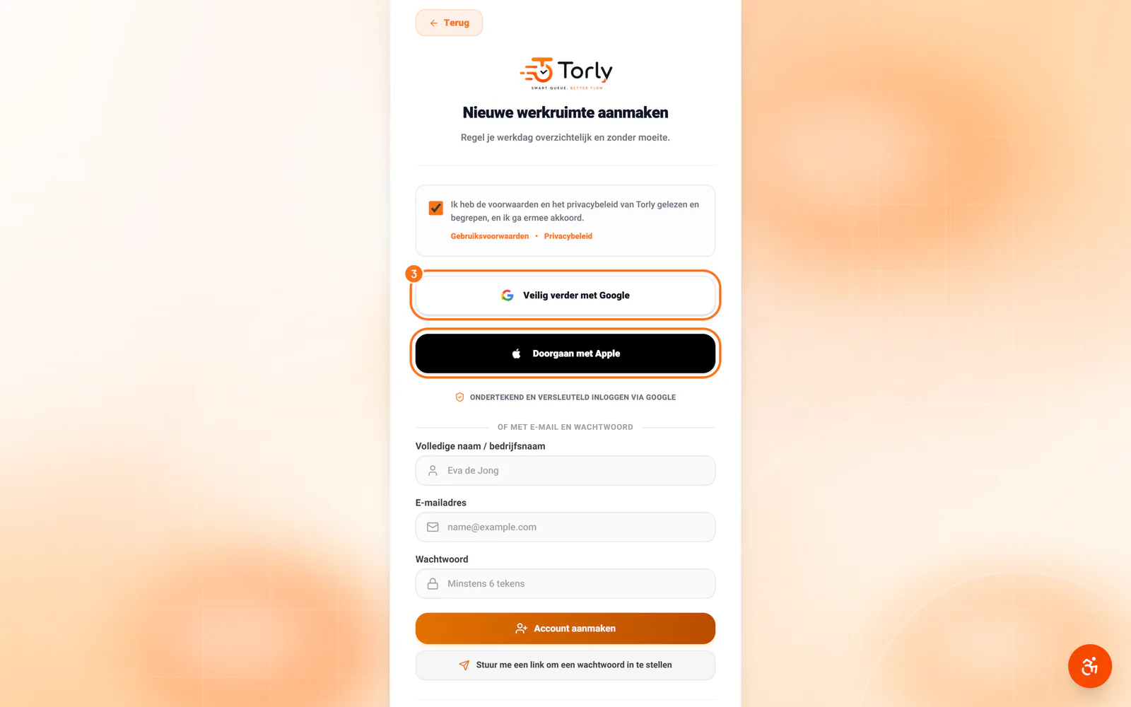 De knoppen van Google en Apple op de registratiepagina