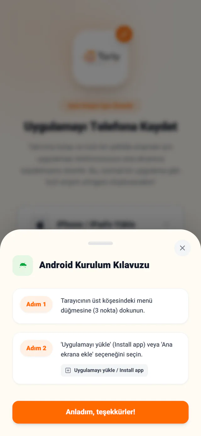 Android yükleme adımları, ekranın üzerinde açılan bir pencerede
