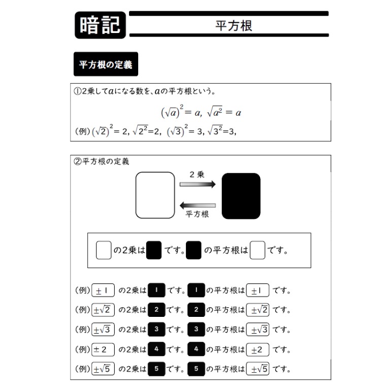 Tossランド 平方根 の暗記プリント２ Dl可