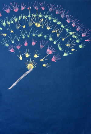 Tossランド 一版多色刷り版画 花火を 吹き散らし法 で表す