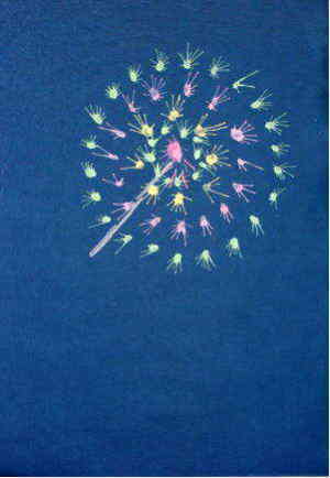 Tossランド 一版多色刷り版画 花火を 吹き散らし法 で表す