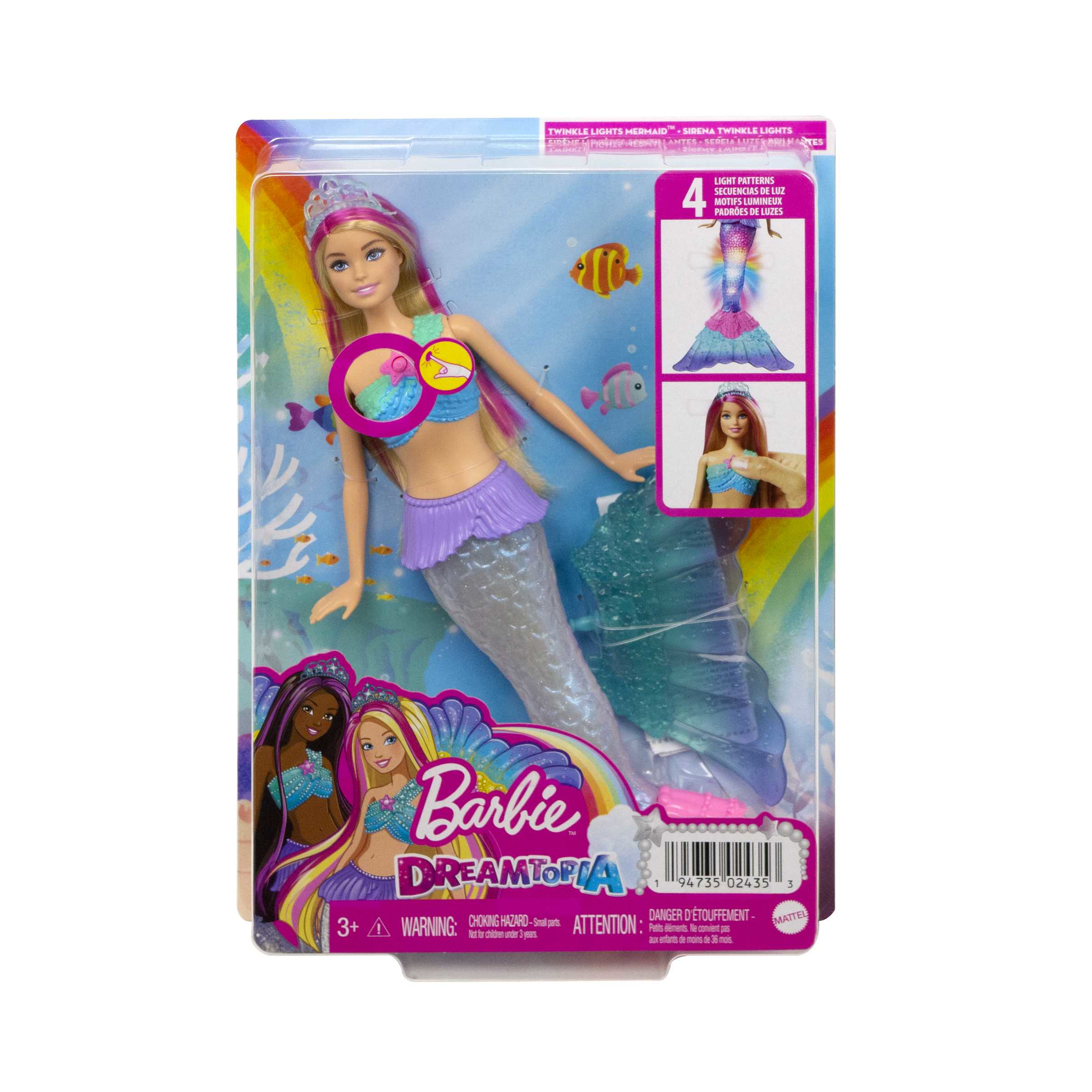 Barbie, dreamtopia sirena luci scintillanti bambola bionda con coda che si  illumina, luci che si attivano con acqua e capelli con ciocche rosa,  giocattolo per bambini 3+ anni - Toys Center