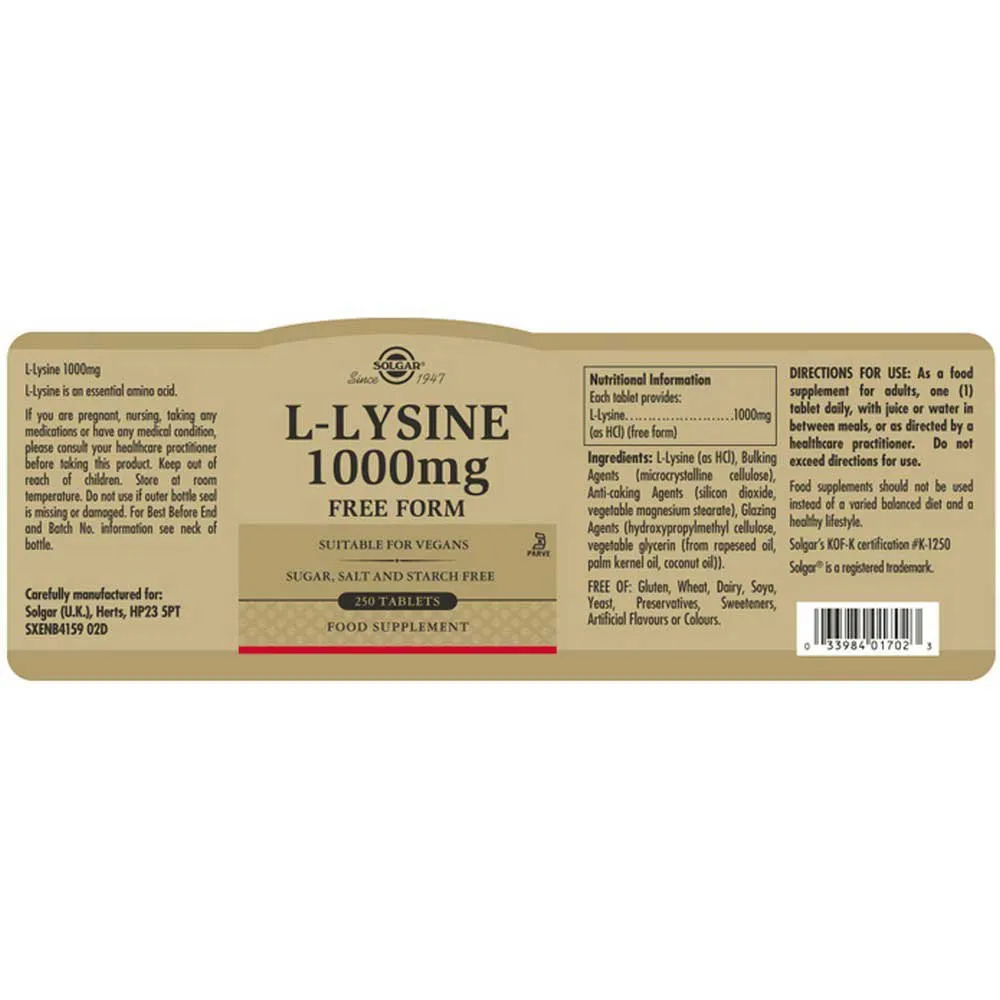 Solgar L-lysin 1000 Mg 250 Enheter, Brown, One Size